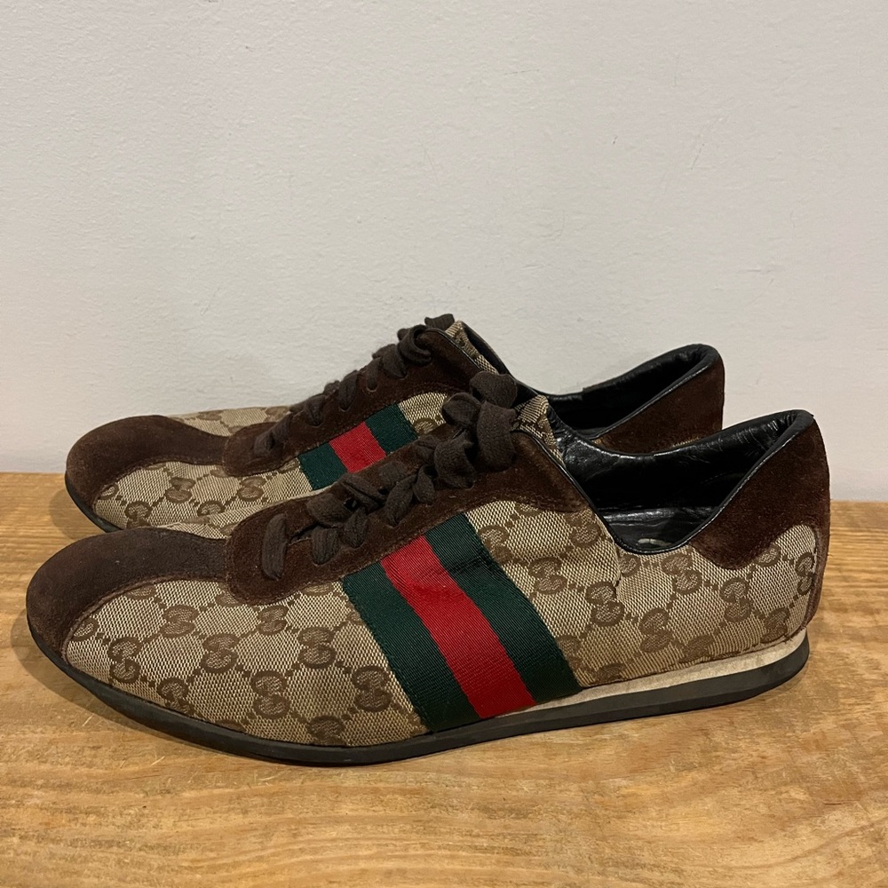 Gucci authentic VTG GG monogram canvas and brown suede sneakers mens size 8 EUC - Picture 4 of 10